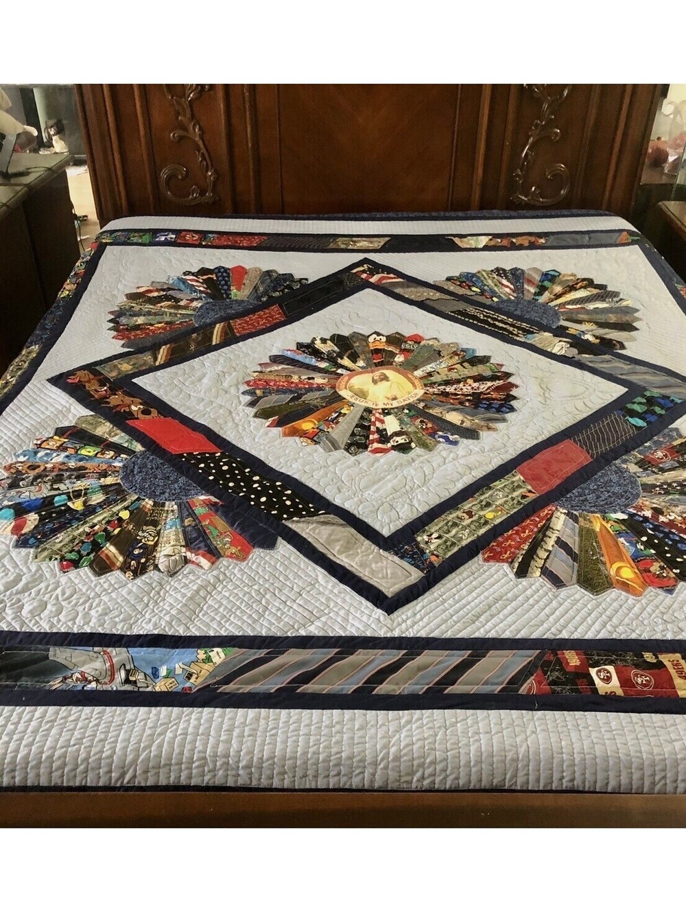 Reversible Patchwork Quilt 91”x94” White Red Bedspread  Art Pattern